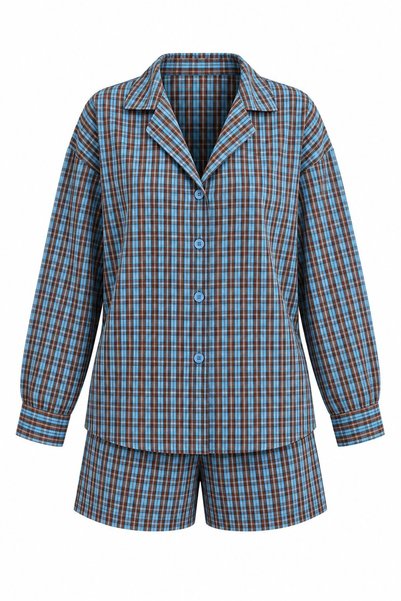Blue Plaid Shirt Shorts Set - 7363