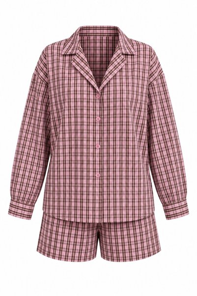 Pink Plaid Shirt Shorts Set - 7363