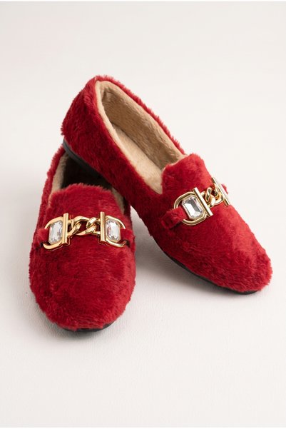 Women's Gold Chain, Crystal Stone Detailed Plush Indoor Ballerinas