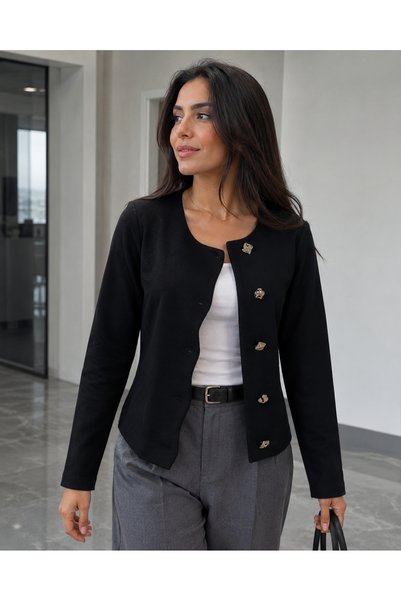 Women's Black Asymmetrical Buttoned Fitted Jacket Arm-26K001050