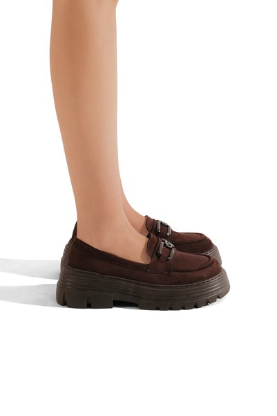 Women's Brown Suede Thick Sole Buckle Casual Shoes