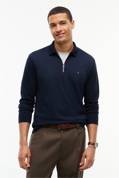 L/S Liquid Cotton Zip Reg Men's Polo Collar T-Shirt Blue
