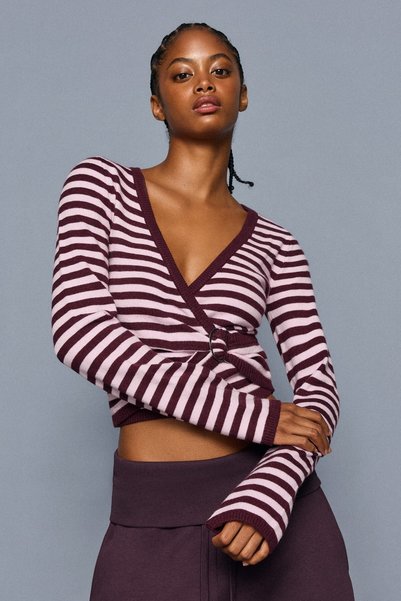 Striped V-Neck Sweater with Buckle