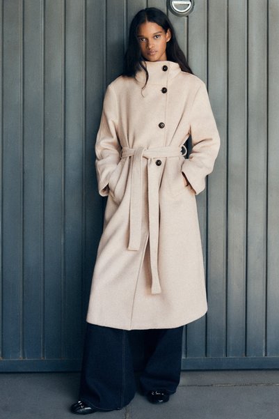 Belted Long Stand-Up Collar Coat