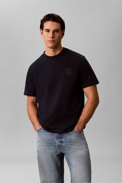 Men's Regular Fit Ck Logo Embroidered Round Neck Cotton Short Sleeve Navy Blue T-Shirt