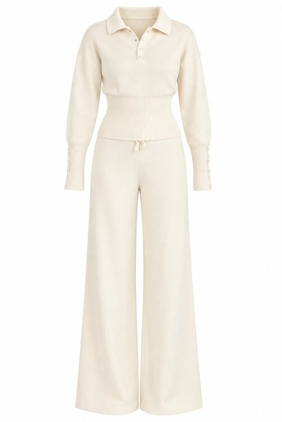 Ecru Polo Collar Buttoned Double Suit - 70022