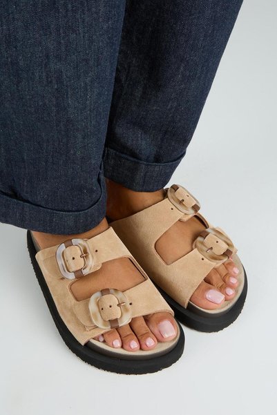 Machavel Women's Leather Genuine Leather Double Buckle Sand Slippers