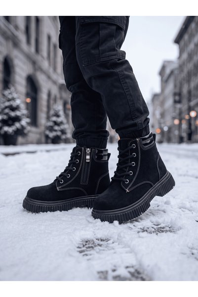 Children's Unisex Black Suede Comfortable Fit Thermo Sole Lace-Up Boots