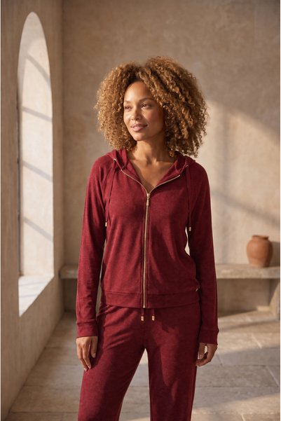 Women's Hooded Zippered Basic Sweatshirt Claret Red