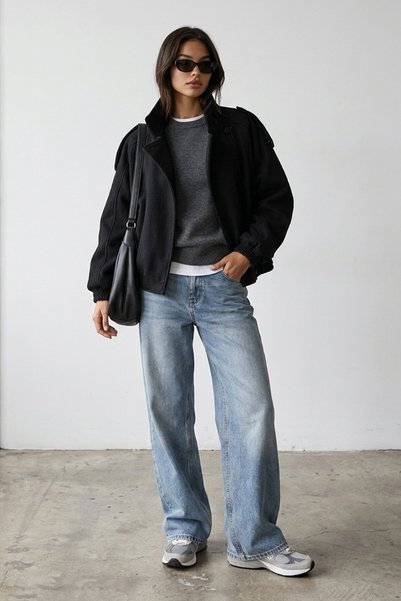 Shoulder Epaulet Stand-Up Collar Felt Bomber Jacket