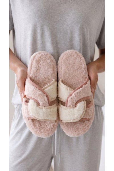 Women's Powder Cross Double-Strapped Plush House Slippers 3 cm Byndti̇mjcap01
