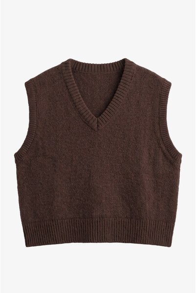 Brown V-Neck Ribbed Trim Sleeveless Sweater