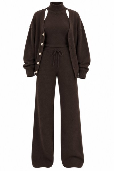 Bitter Brown Turtleneck Buttoned 3-Piece Knitwear Set - 1430