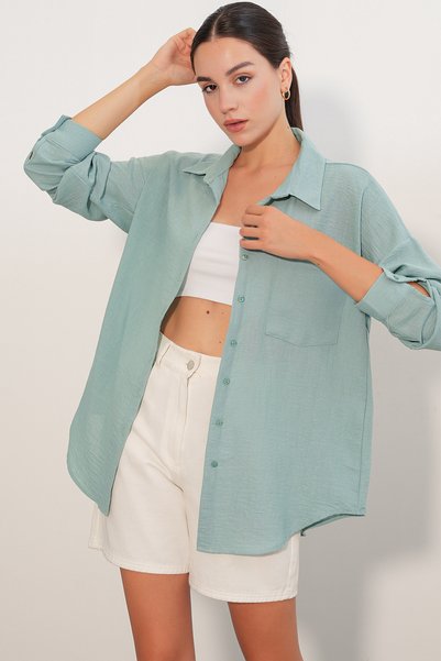 20153 Single Pocket Oversize Linen Shirt - Mint