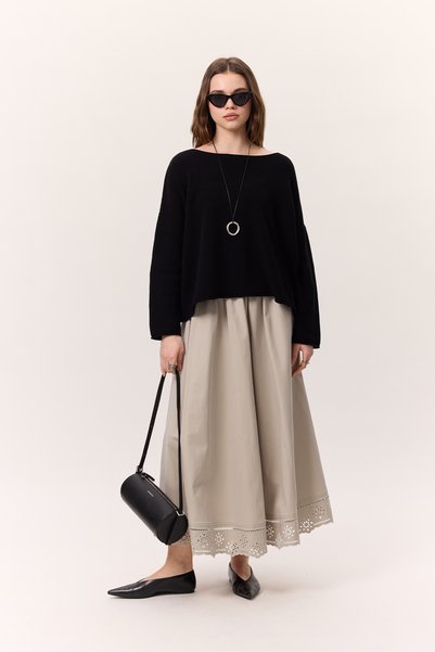 Wide Skirt with Embroidery Detail Stone