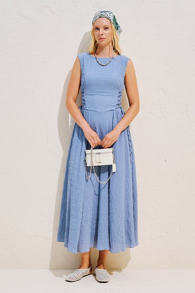 Textured Side-Tie Sleeveless Dress Blue