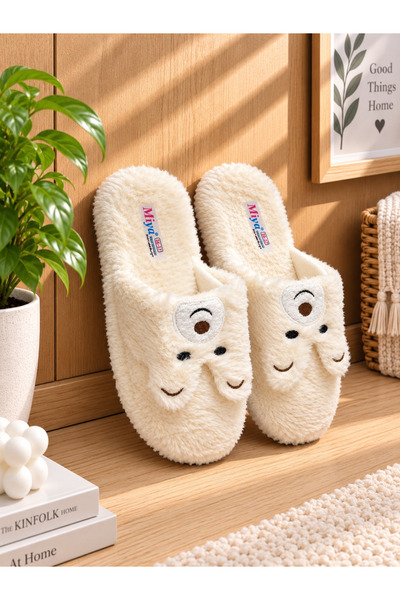 Bear with Ears Model Women's House Slippers - Warm and Fluffy Slippers with Noise-Free Soles