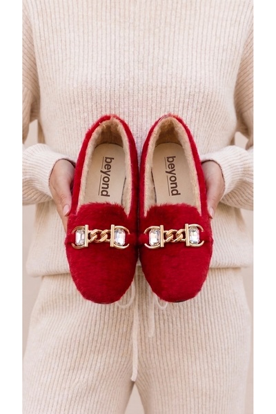 Women's Red Plush Home Slippers with Stone Accessories Byndvt02
