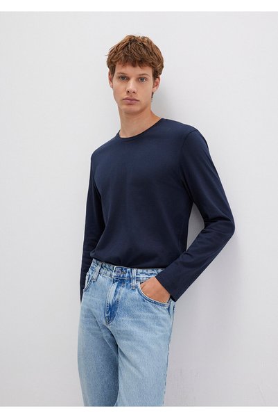 Long Sleeve Navy Blue Basic T-Shirt Fitted 062477-27308