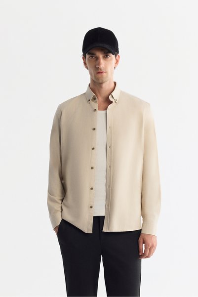 Men's Beige Buttoned Collar Cotton Soft Touch Regular Fit Shirt B002036