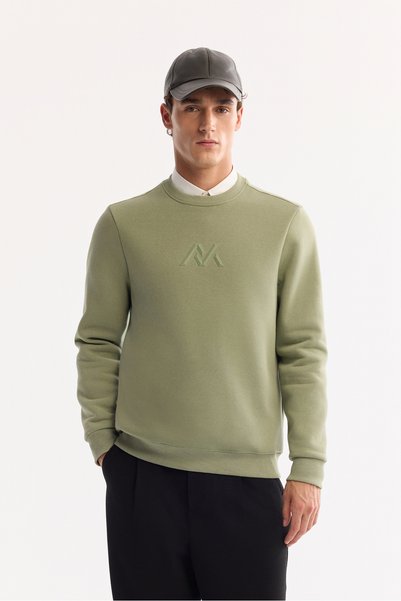 Men's Green Crew Neck Cotton Embossed Printed Regular Fit Sweatshirt A52Y1327