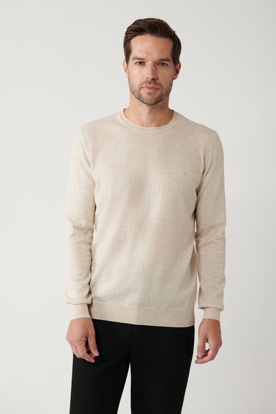 Men's Beige Crew Neck Wool Blend Knitwear Regular Fit Sweater B005013