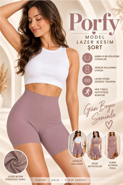 Porfy Model Women's High Waist Laser Cut Gathering Shorts Corset Gray Color 093