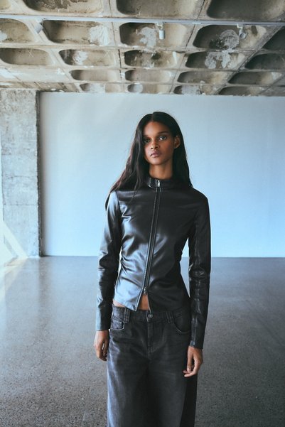 Zippered Slim-Fit Faux Leather Shirt