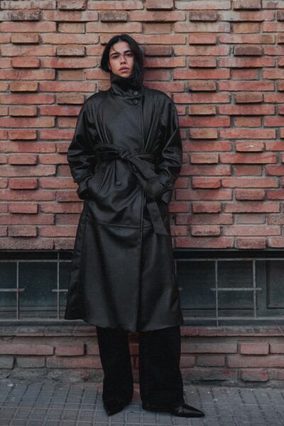 Belted Faux Leather High-Neck Long Trench Coat