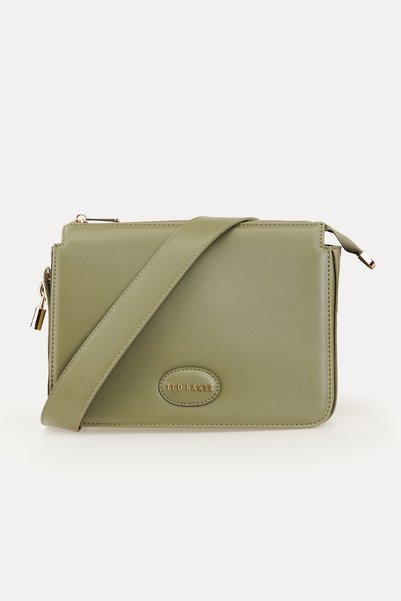 Khaki Lock Charm Plain Leather Crossbody Bag