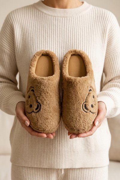 Women's Brown Teddy Bear Furry House Slippers Bynday01
