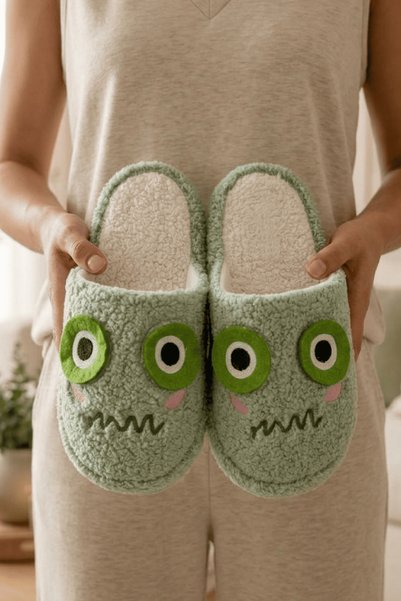 Women's Green Cute Kermit Sherpa Furry Winter House Slippers 3 cm Byndmtfter2Goz