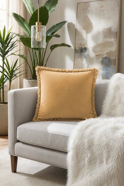 Fringed Linen Cushion Cover 43X43 cm Mustard