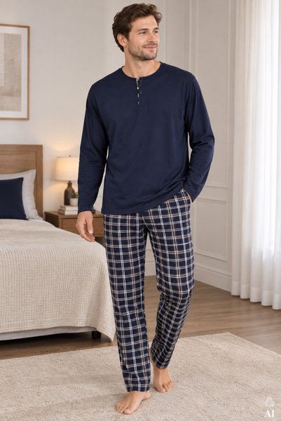 Men's Cotton Long Sleeve Plaid Patterned Pajama Set with Placket on the Front