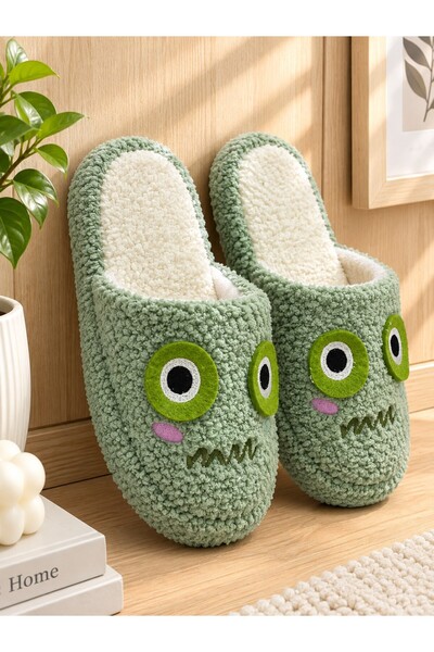 Monster Figured Towel Women's House Slippers - Warm and Fluffy Slippers with Noise-Free Soles