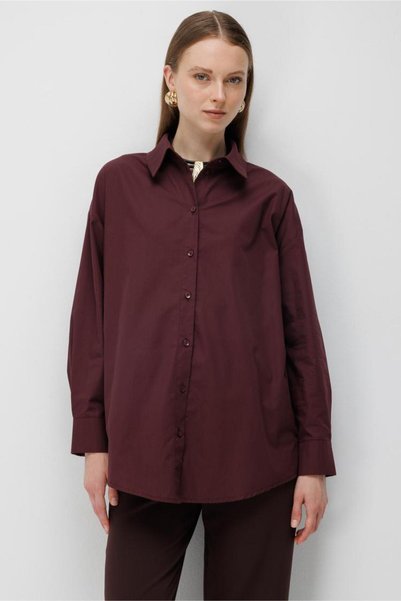Piping Belt Detailed Plum Poplin Shirt