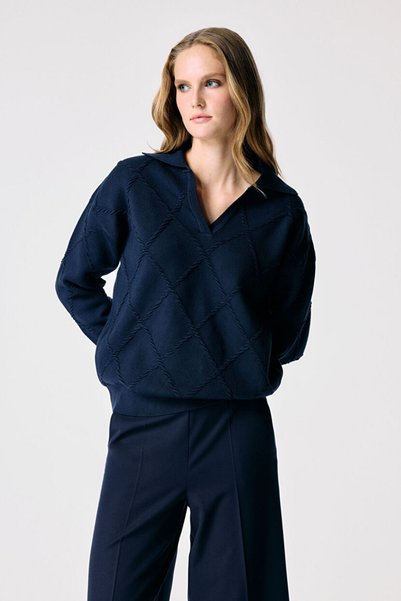 Navy Blue Shirt Collar Knitwear Sweater