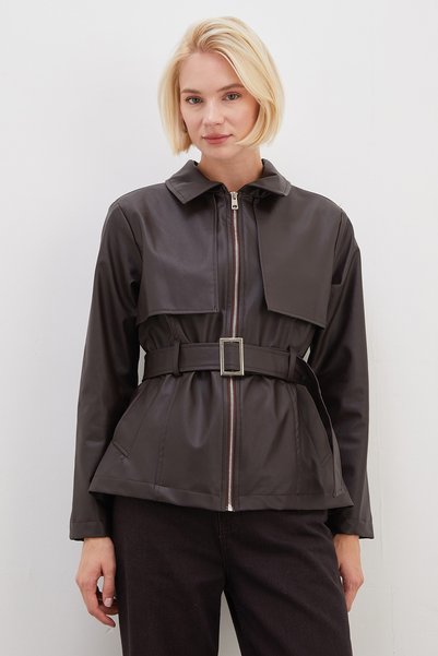 Cape Detailed Belted Faux Leather Coat