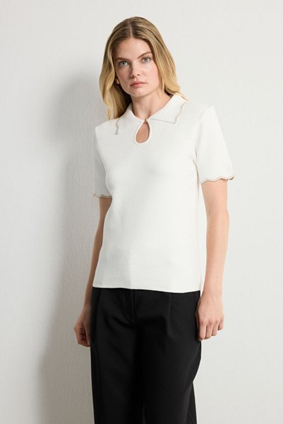 Bone Short Sleeve Collar Detailed Knitwear Sweater