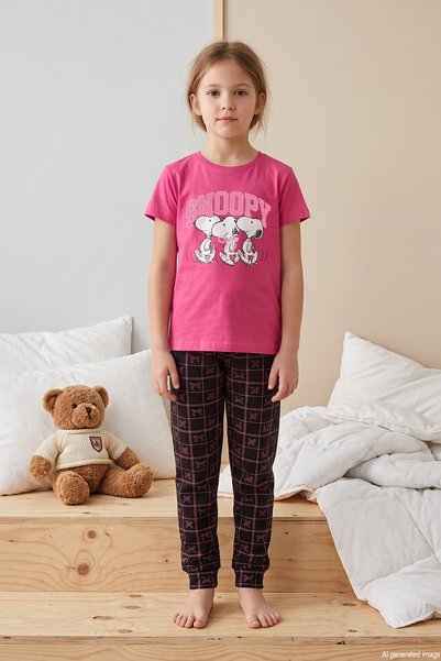 Girl's Short Sleeve Printed Combed Cotton Pajama Set 3063 Fuchsia01