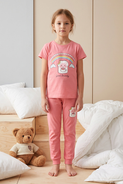Girl's Short Sleeve Printed Combed Cotton Pajama Set 2647 Mercan01