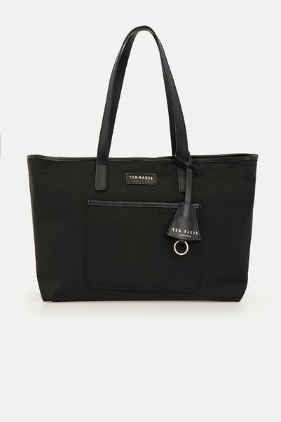 Black Technical Fabric Charm Logo Shopping Bag