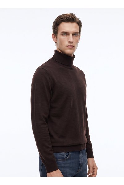 Brown Men's Full Fisherman Slim Fit Knitwear Sweater F6Wm-Kzk 2595