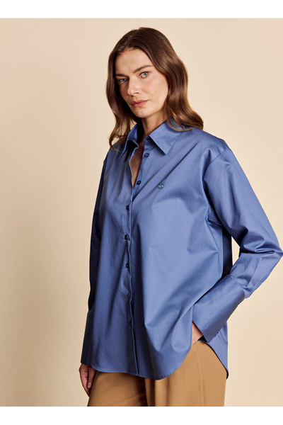 Navy Blue Women's Regular Fit Logo Printed Shirt BBFW26FSH003