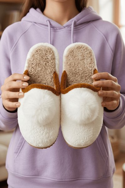 Women's White Pompom Detailed Plush Winter House Slippers 3 cm Byndtpwrpon01