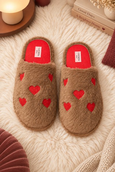 Women's Brown Heart Patterned Plush House Slippers