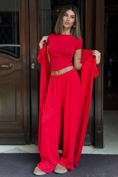 Red Slit Cardigan Half Sleeve Crop Top and Wide Leg Pants Women's 3-Piece Bottom-Top Set