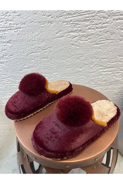 Women's Burgundy Pompom Detailed Plush Winter House Slippers 3 cm Byndtpwrpon01