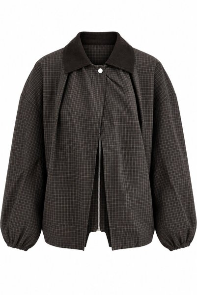 Olive - Brown Velvet Collar Plaid Trench - 9766