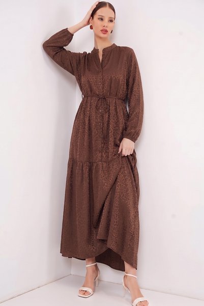 Women's Patterned Long Hijab Dress 2586 - M. Brown